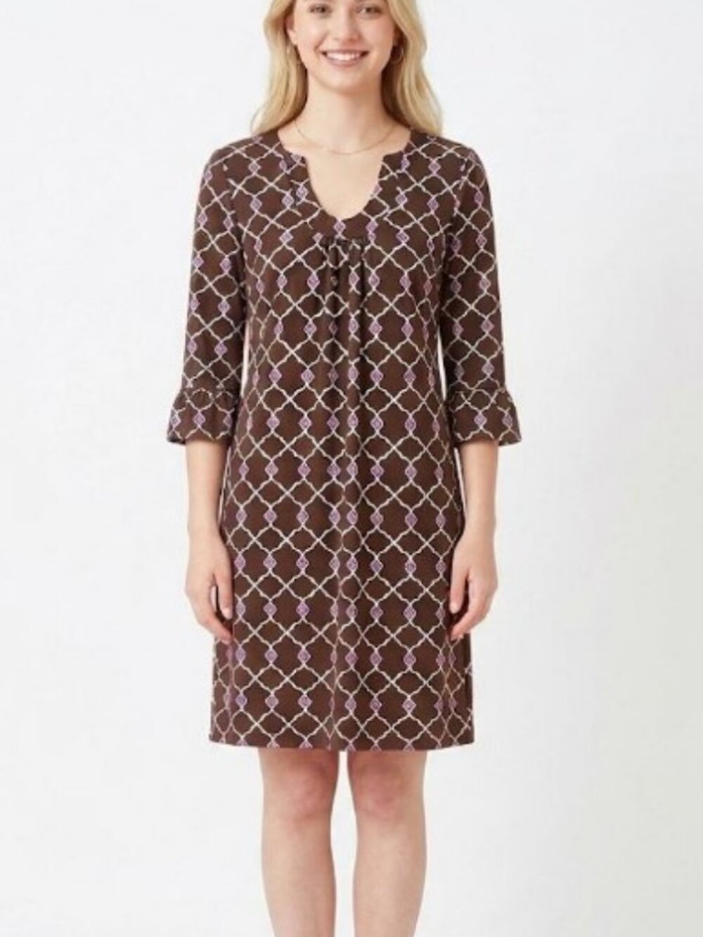 Jude Connally Brown & Pink Geometric Lattice V-Neck Shift Dress L